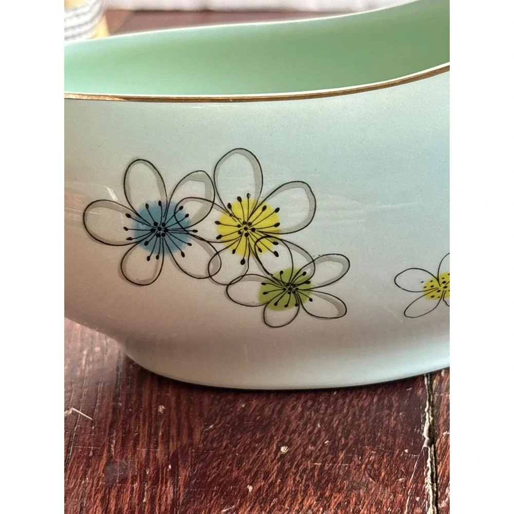 Vintage Mid‎ Century Mint Green Floral Gravy Boat Atomic Flower Ceramic Gold Rim